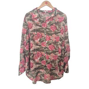 Bongo Camo Floral Print Blouse with 3/4 Roll Tab Sleeves Deadstock Plus Size 2X